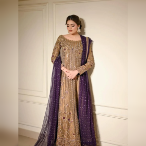 Gold Tassel Silk Embroidered Formal Suit with Purple Net Dupatta