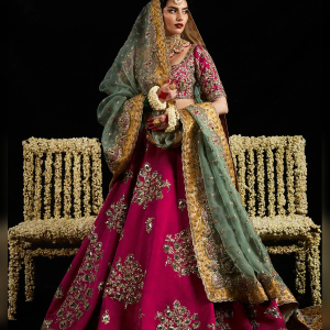 Shocking Pink Raw Silk Bridal Lehenga with Embroidered Dupatta