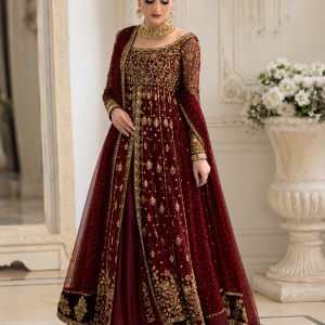 Maroon Net Bridal Anarkali Dress with Heavy Gold Embroidery