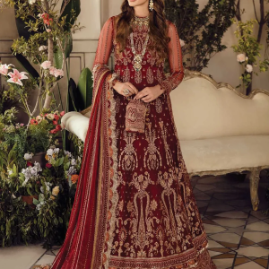 Maroon Net Bridal Maxi with Heavy Gold Embroidery