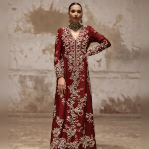 Maroon Tassel Silk Suit with Heavy Silver Embroidery