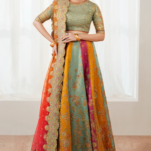 Multi Color Indian Raw Silk Bridal Lehenga with Embroidery