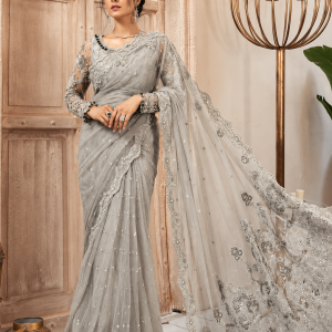 Silver Grey Net Embroidered Saree with Heavy Embellishments