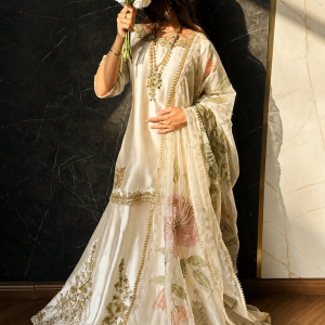 Ivory Raw Silk Gharara Suit with Floral Embroidered Dupatta