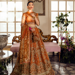 Orange Net Bridal Lehenga with Heavy Gold Embroidery