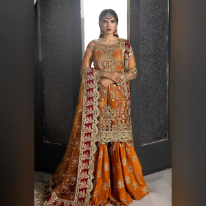 Orange Net Embroidered Gharara Suit with Maroon Dupatta