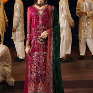 Shocking Pink Organza Embroidered Suit with Green Dupatta