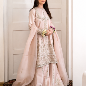 Blush Pink Raw Silk Gharara Suit with Silver Embroidery