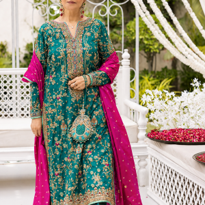 Teal Green Raw Silk Embroidered Shalwar Kameez with Magenta Dupatta