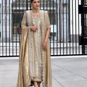 Champagne Gold Embroidered Wedding Dress with Luxury Dupatta