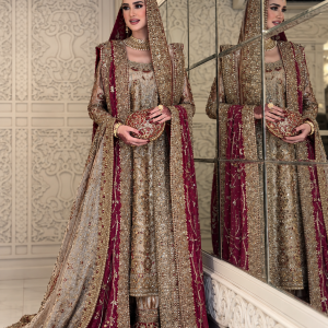 Antique Blush & Maroon Embellished Bridal Ensemble with Handcrafted Adda Work