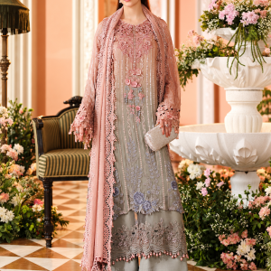 Blush Pink & Sage Grey Embroidered Formal Ensemble