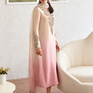 Ivory & Blush Pink Ombré Embellished Suit with Sheer Dupatta