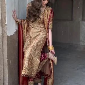 Mahnoor Maroon & Gold Embroidered Bridal Suit