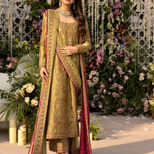 Olive Gold Embellished Formal Suit with Olive Net Dupatta