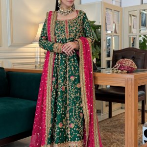 Emerald Green Embellished Maxi with Magenta Pink Dupatta