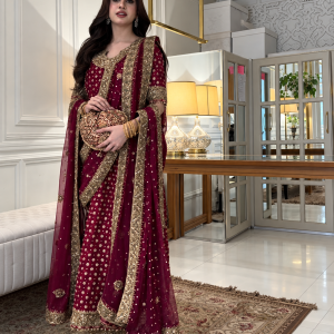 Deep Berry Red Embellished Outfit with Matching Dupatta - Weeding Suit