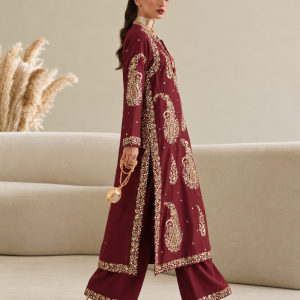 Ethnic Maroon Paisley Embroidered Silk 2-Piece Formal Dress