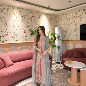 Pink & Silver Embroidered Formal Dress with Dual Dubata
