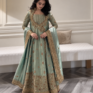 Sage Green & Gold Embroidered Anarkali Dress