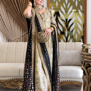 Pistachio Gold Elegance with Black Embellished Dupatta – Wedding Dress